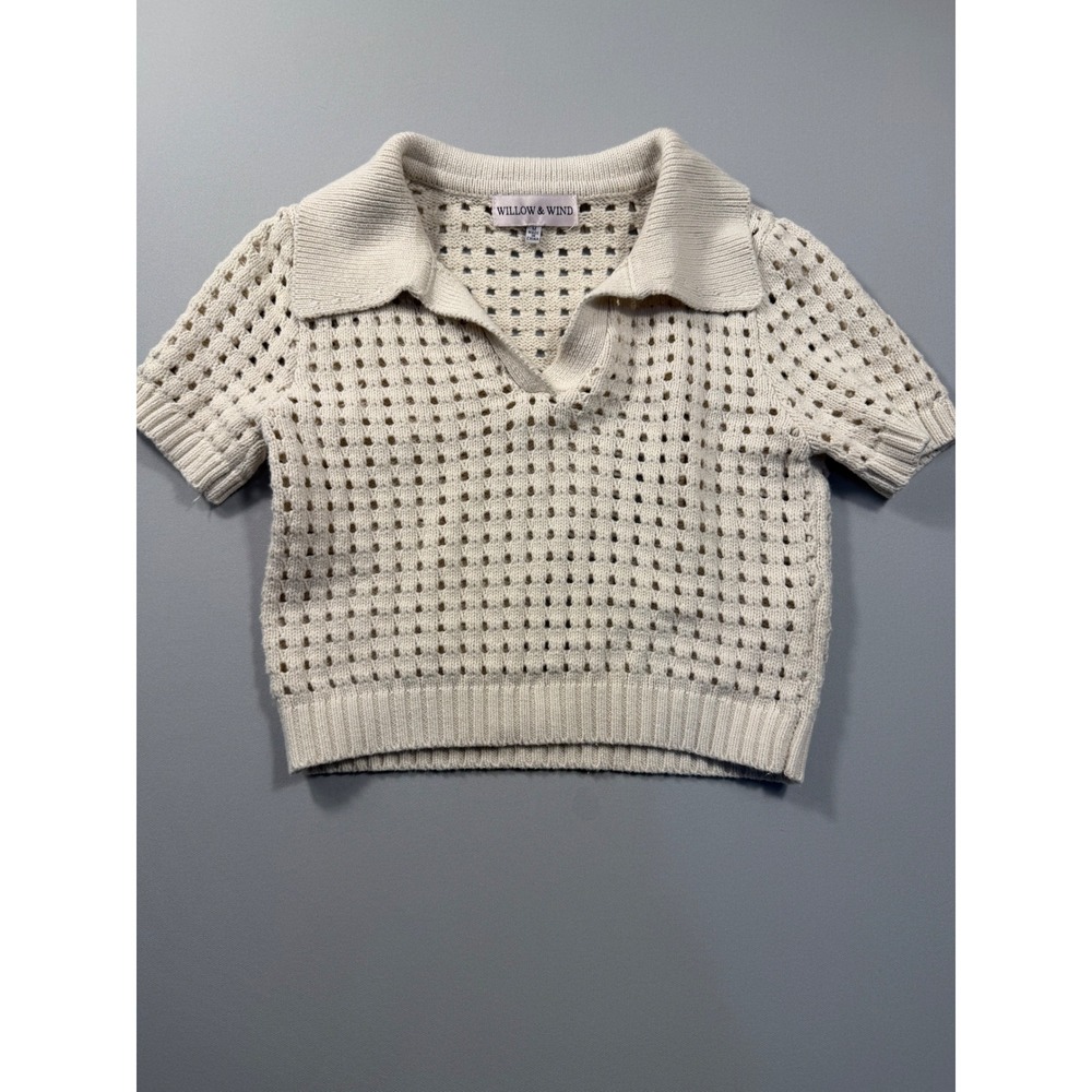 Willow & Wind Cream Open Knit Short Sleeve Polo Sweater Top Medium